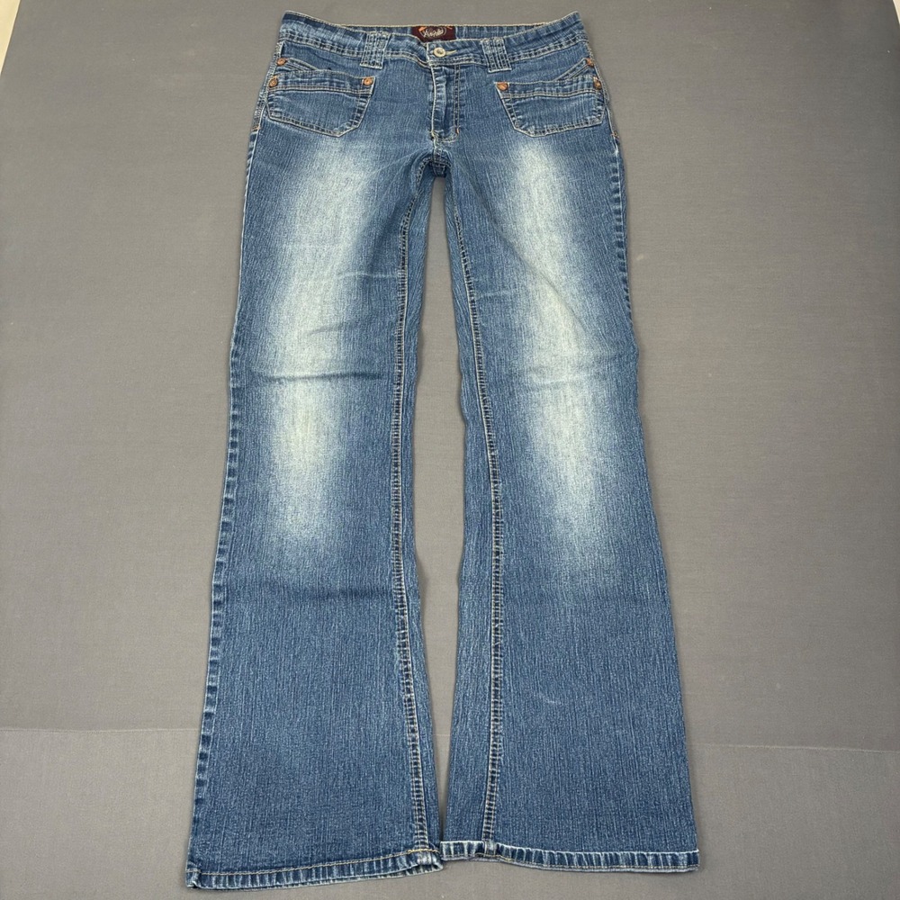 Y2K Angels Medium Wash Low Rise Flared Jeans Front Pockets Women Size 12 (31x32)